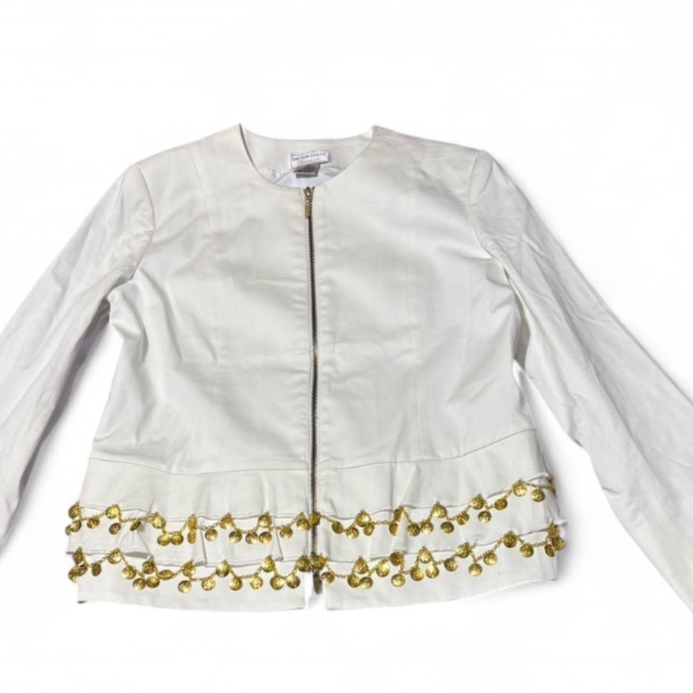 Victor Costa XS White Jacket Gold Coin Trim | Occasion Designer Boho Peplum